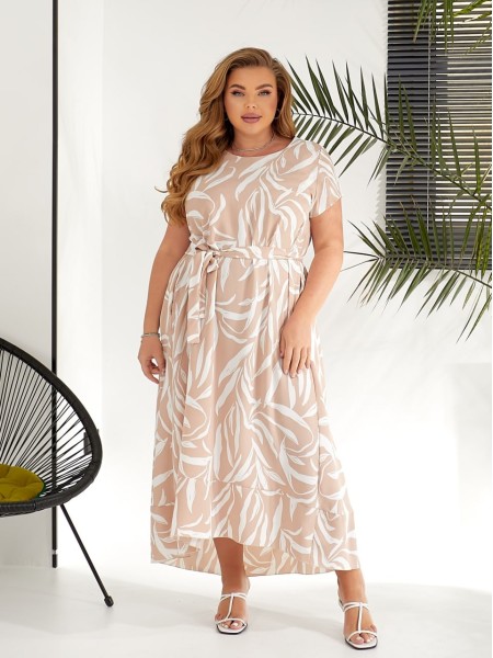 Легка сукня максі вільного крою з поясом бежевого кольору 32045