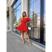 Легкое платье мини с поясом в горох красного цвета 32051