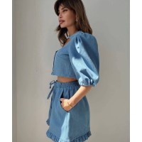 Жіночий джинсовий костюм шорти+топ блакитного кольору 32053