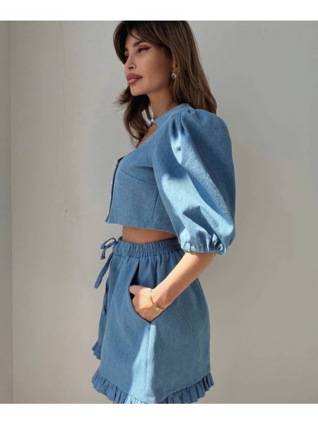 Женский джинсовый костюм шорты+топ голубого цвета 32053