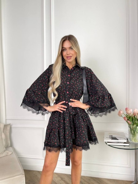 Легкое платье с кружевом в цветок черного цвета 32091