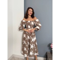Легка сукня максi з відкритими плечима в квiтку бежевого кольору 32103