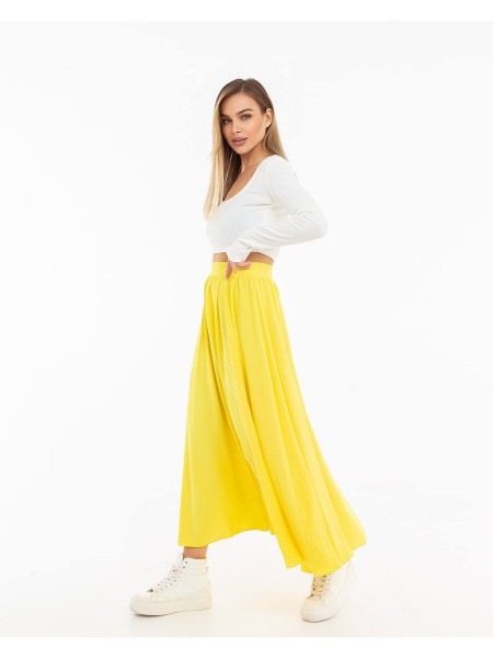 Жіноча легка спідниця міді жовтого кольору 32133