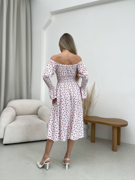 Легка сукня міді у дрiбну квітку молочного кольору 32146
