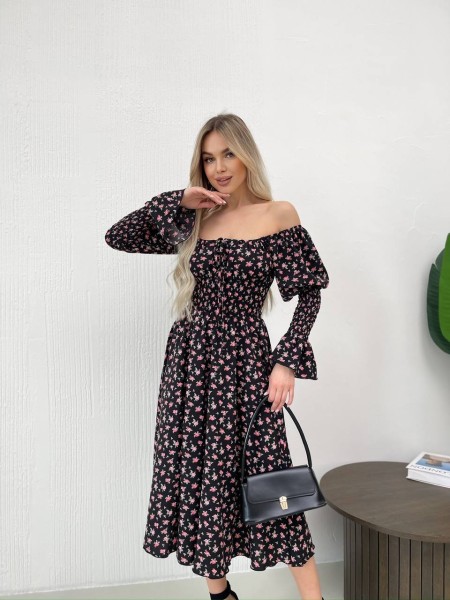 Легка сукня міді у квiтку чорного кольору 32148