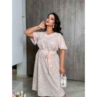 Жіноча сукня мiді з поясом бежевого кольору 32174