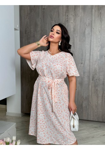 Жіноча сукня мiді з поясом бежевого кольору 32174