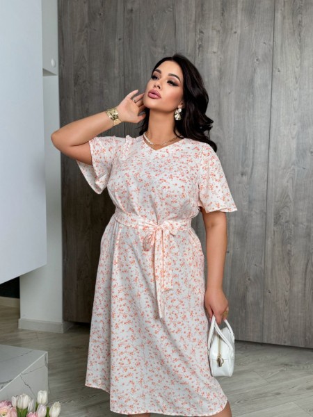 Жіноча сукня мiді з поясом бежевого кольору 32174