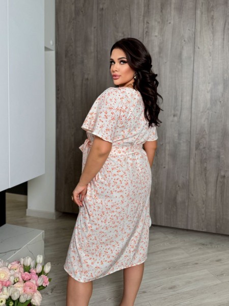 Жіноча сукня мiді з поясом бежевого кольору 32174