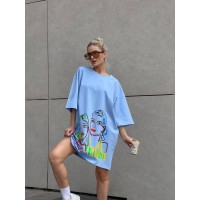 Бавовняна сукня-футболка з малюнком блакитного кольору 32217