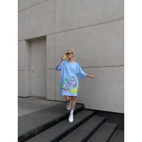 Хлопковое платье-футболка с рисунком голубого цвета 32217