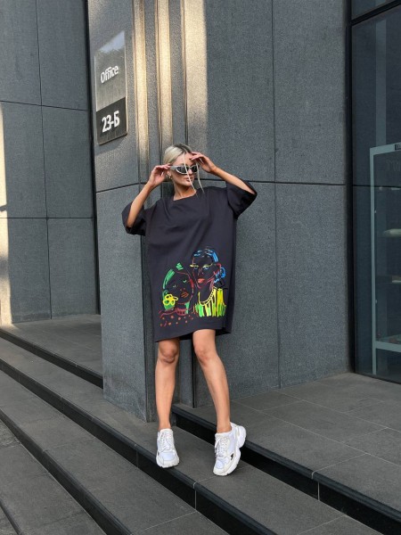 Хлопковое платье-футболка с рисунком графитового цвета 32218