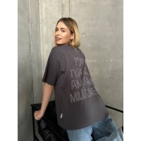 Стильна футболка з написом на спині зі страз графiтового кольору 32219