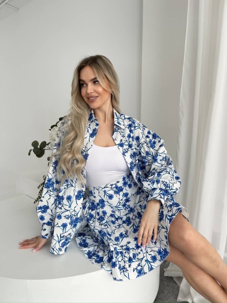 Жіночий бавовняний костюм у квітку синього кольору 32226