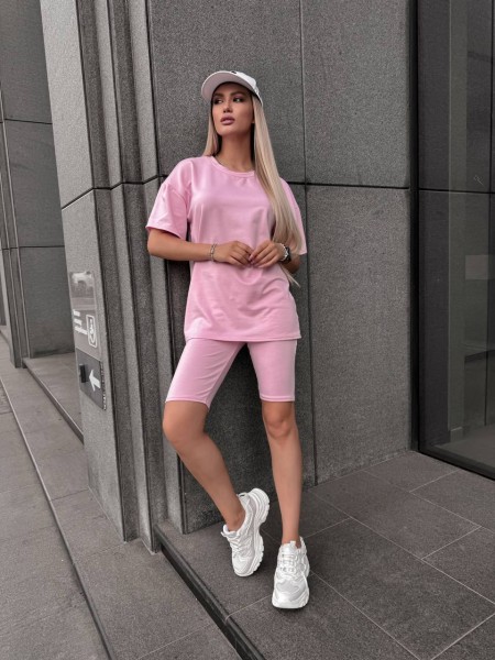 Женский спортивный комплект футболка+велосипедки розового цвета 32286