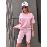 Женский спортивный комплект футболка+велосипедки розового цвета 32286
