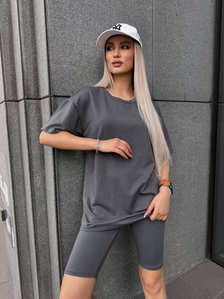 Женский спортивный комплект футболка+велосипедки графитового цвета 32289