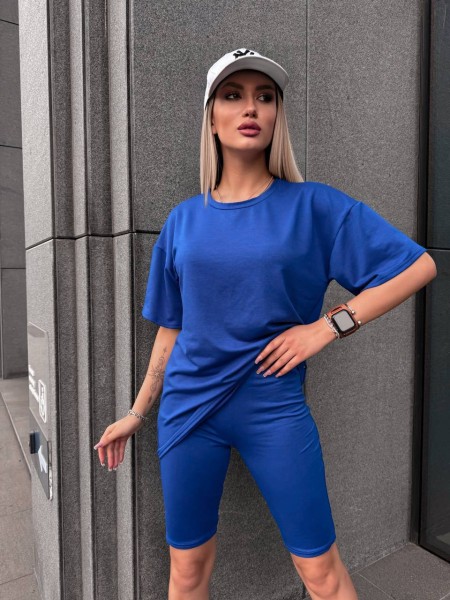 Женский спортивный комплект футболка+велосипедки синего цвета 32292