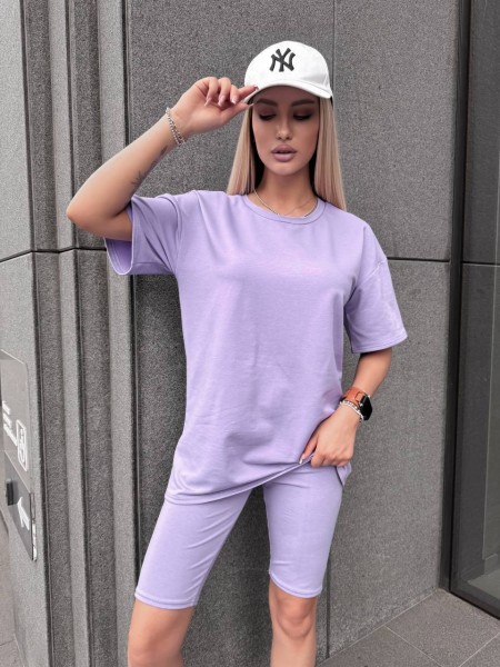 Женский спортивный комплект футболка+велосипедки сиреневого цвета 32294