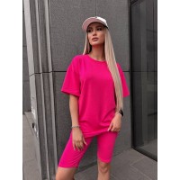 Женский спортивный комплект футболка+велосипедки малинового цвета 32295