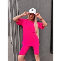 Женский спортивный комплект футболка+велосипедки малинового цвета 32295