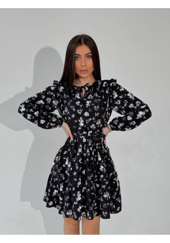 Легка сукня міні з поясом у квітку чорного кольору 32317