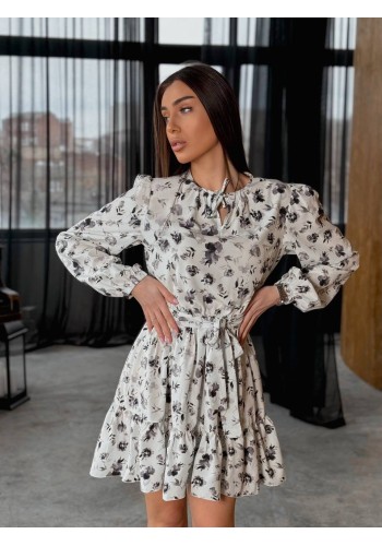 Легка сукня міні з поясом у квітку молочного кольору 32318