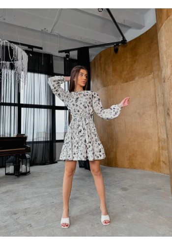 Легка сукня міні з поясом у квітку молочного кольору 32318