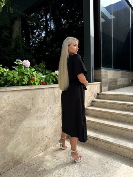 Легкое платье на запах с поясом черного цвета 32331