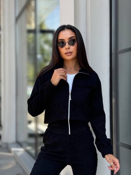 Прогулянковий костюм з мікро-вельвету на блискавцi чорного кольору 32334