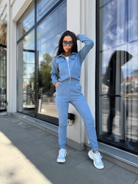 Прогулянковий костюм з мікро-вельвету на блискавцi блакитного кольору 32335