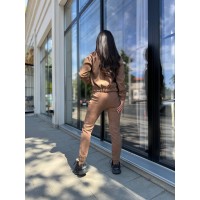 Прогулянковий костюм з мікро-вельвету на блискавцi кавового кольору 32336