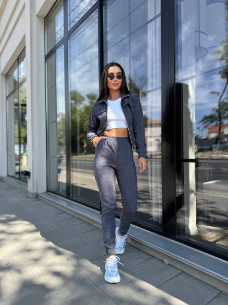 Прогулочный костюм из микро-вельвета на молнии графитового цвета 32337