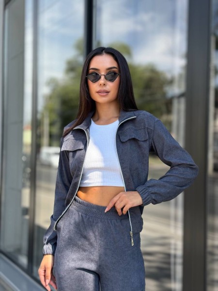 Прогулочный костюм из микро-вельвета на молнии графитового цвета 32337