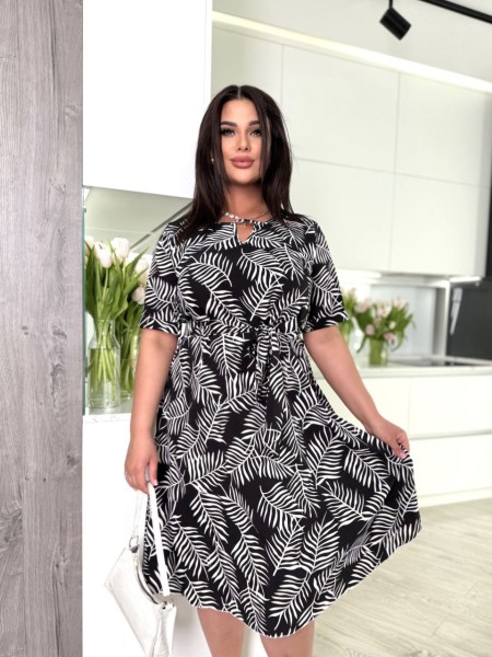 Женское легкое платье миди с поясом черного цвета 32341