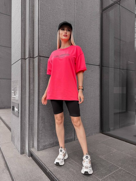 Женский спортивный комплект футболка+велосипедки с надписью красного цвета 32344