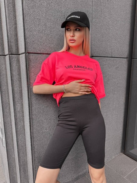 Женский спортивный комплект футболка+велосипедки с надписью красного цвета 32344