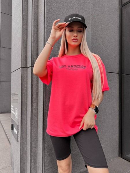 Женский спортивный комплект футболка+велосипедки с надписью красного цвета 32344