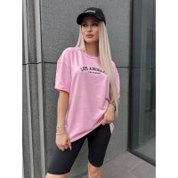 Женский спортивный комплект футболка+велосипедки с надписью розового цвета 32345