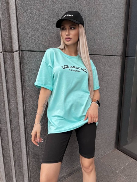 Женский спортивный комплект футболка+велосипедки с надписью мятного цвета 32348