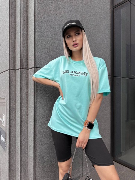 Женский спортивный комплект футболка+велосипедки с надписью мятного цвета 32348