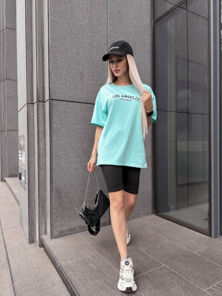 Женский спортивный комплект футболка+велосипедки с надписью мятного цвета 32348