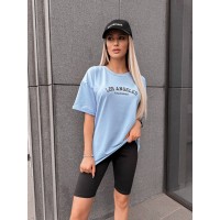 Женский спортивный комплект футболка+велосипедки с надписью голубого цвета 32349