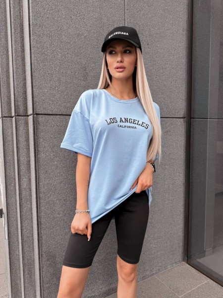 Женский спортивный комплект футболка+велосипедки с надписью голубого цвета 32349