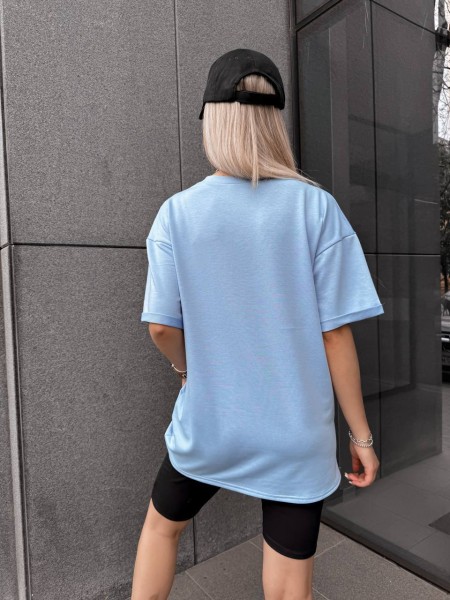 Женский спортивный комплект футболка+велосипедки с надписью голубого цвета 32349