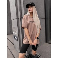 Жіночий спортивний комплект футболка+велосипедки з написом кавового кольору 32350