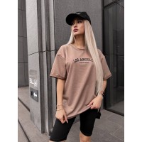 Жіночий спортивний комплект футболка+велосипедки з написом кавового кольору 32350