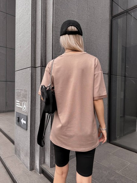 Женский спортивный комплект футболка+велосипедки с надписью кофейного цвета 32350