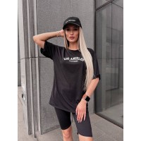 Женский спортивный комплект футболка+велосипедки с надписью черного цвета 32351