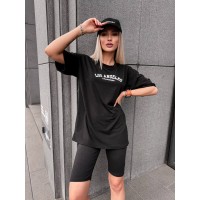 Женский спортивный комплект футболка+велосипедки с надписью черного цвета 32351